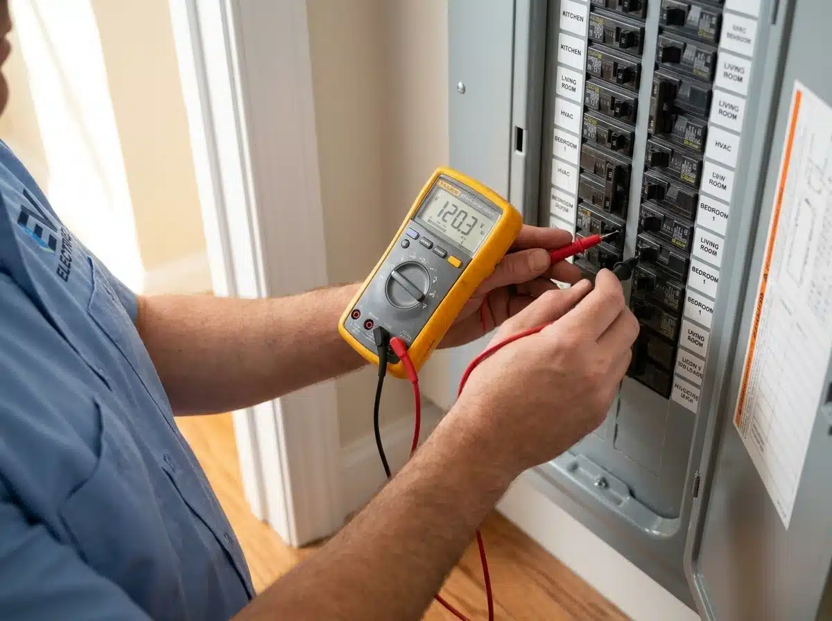 Multimeter testing a breaker panel during electrical troubleshooting in Vienna, VA