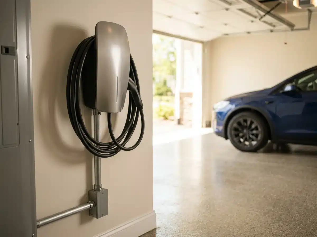 Wall-mounted EV charger installation in a residential garage in Fairfax, VA
