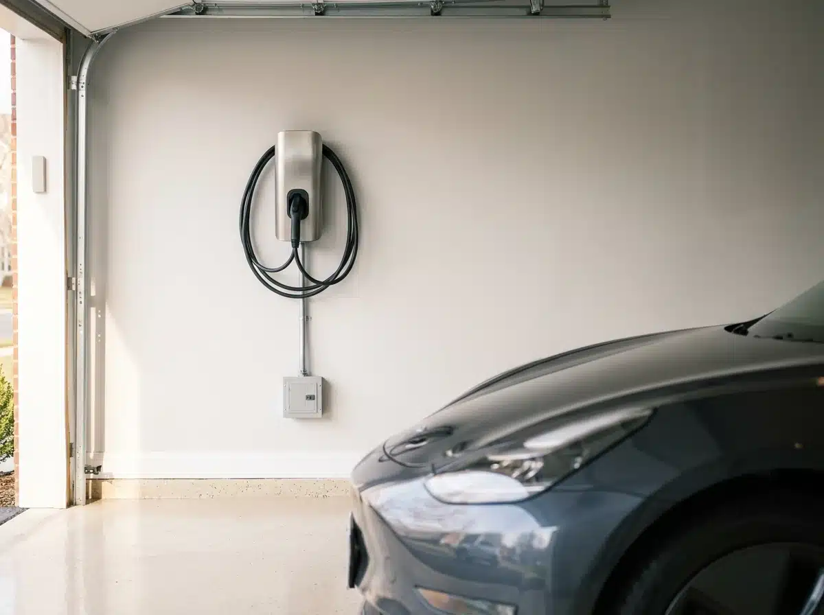 Wall-mounted EV charger installation in a residential garage in Vienna, VA