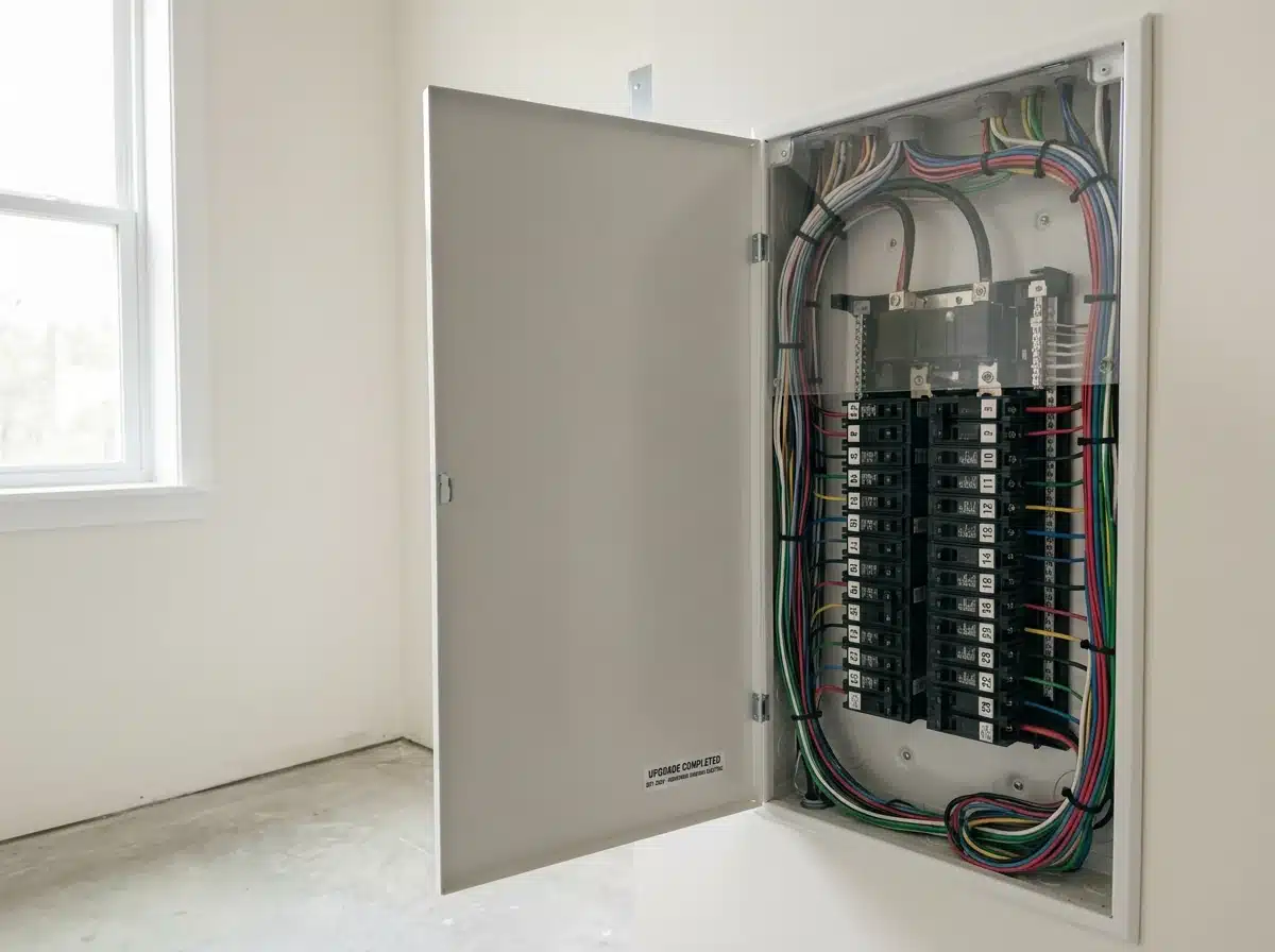 Upgraded electrical panel with completed inspection sticker in Fairfax, VA