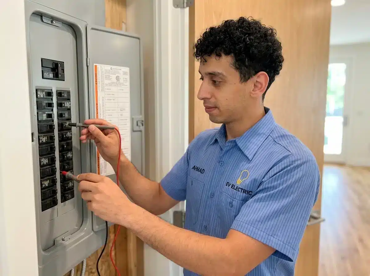 Ahmad Shaban diagnosing an electrical panel during a troubleshooting visit in Northern Virginia