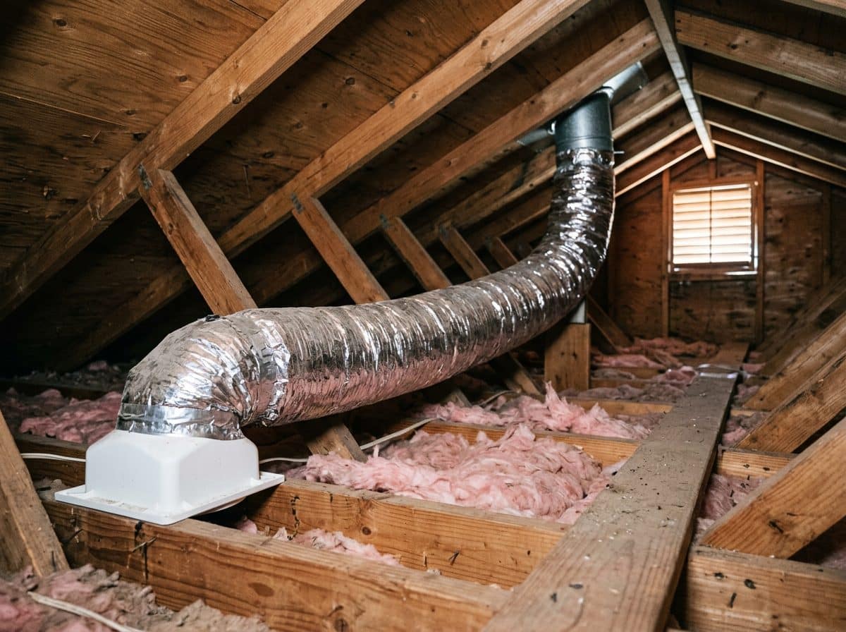 Insulated flexible duct running from a bathroom exhaust fan across an attic toward a rigid riser and exterior termination