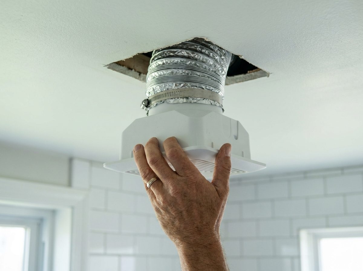 Electrician fitting a new bathroom exhaust fan housing into a ceiling opening with flexible duct attached