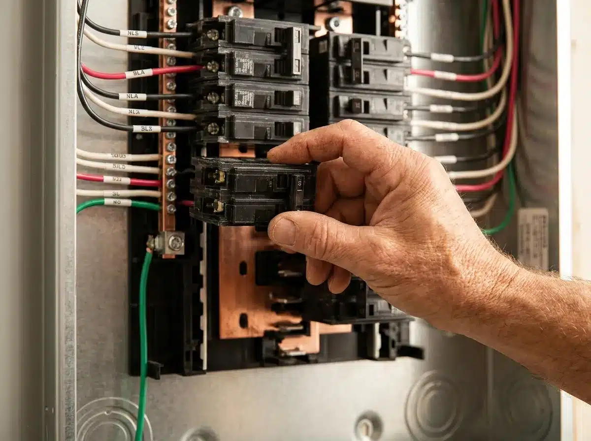 Circuit breaker panel being diagnosed by a licensed electrician in Fairfax, VA