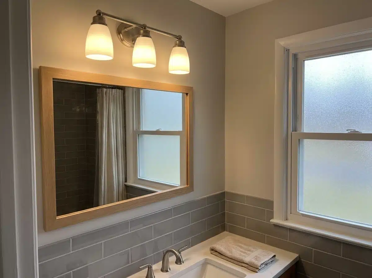 Three-light vanity bar mounted above a bathroom mirror with tile surround and frosted window