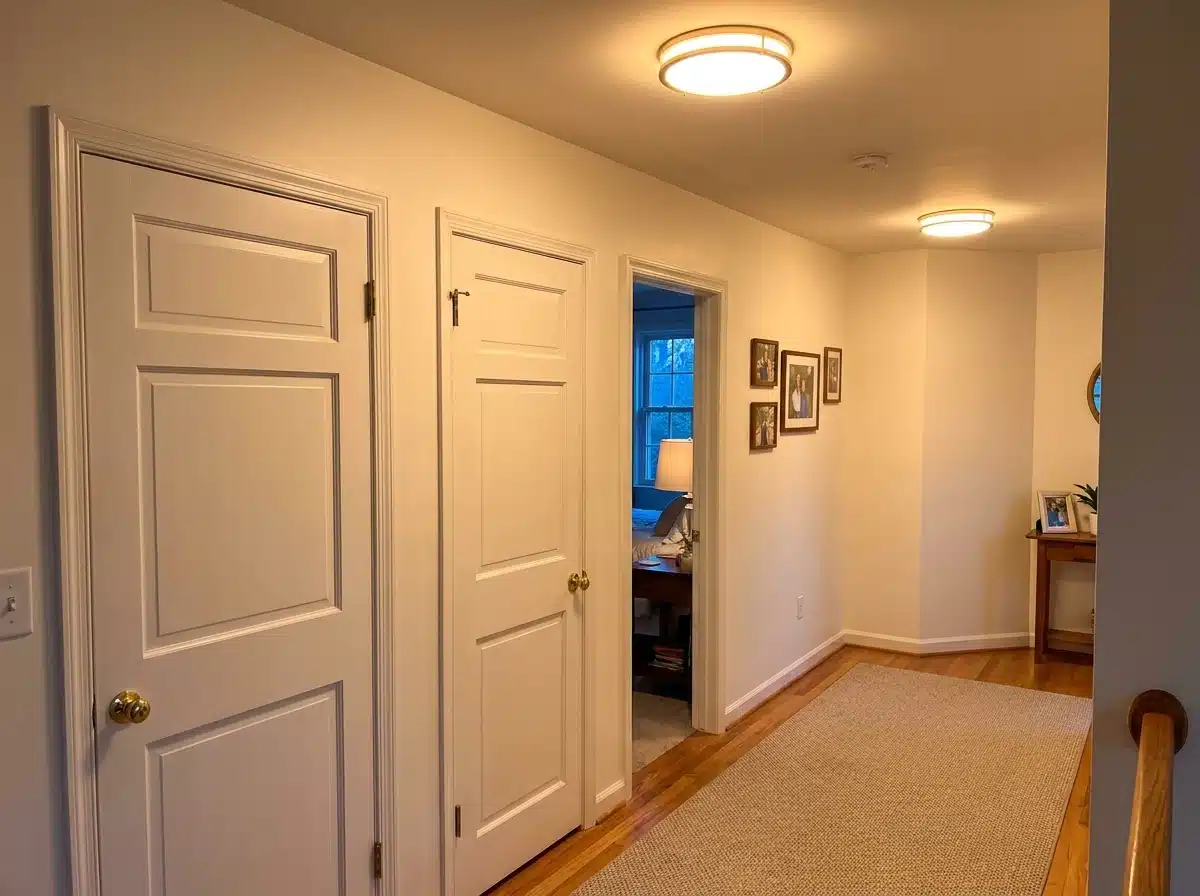 Upstairs hallway with two flush-mount ceiling fixtures, panelled bedroom doors, and hardwood flooring