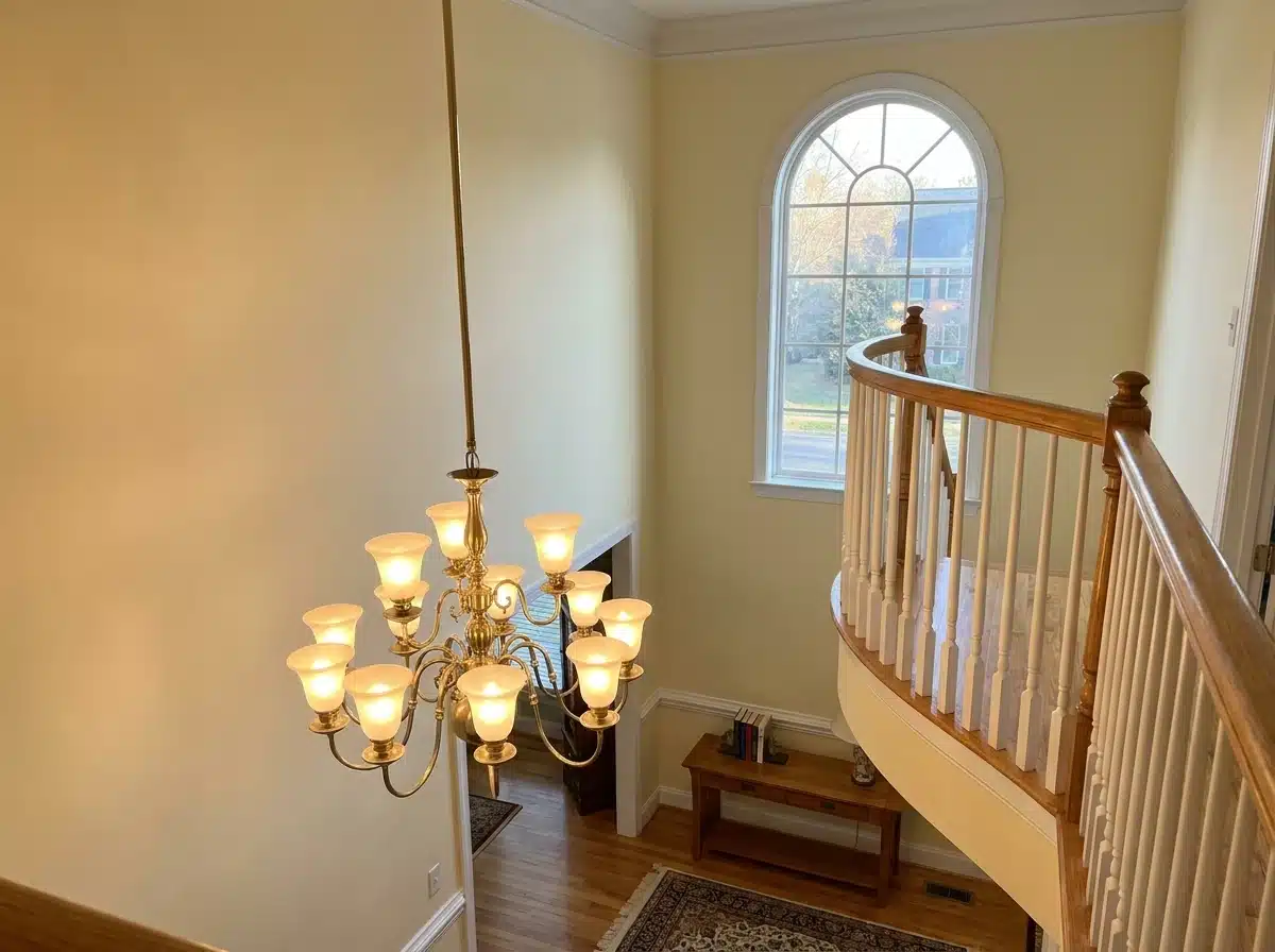 Multi-arm chandelier hanging in a two-storey residential entryway with curved staircase and arched window