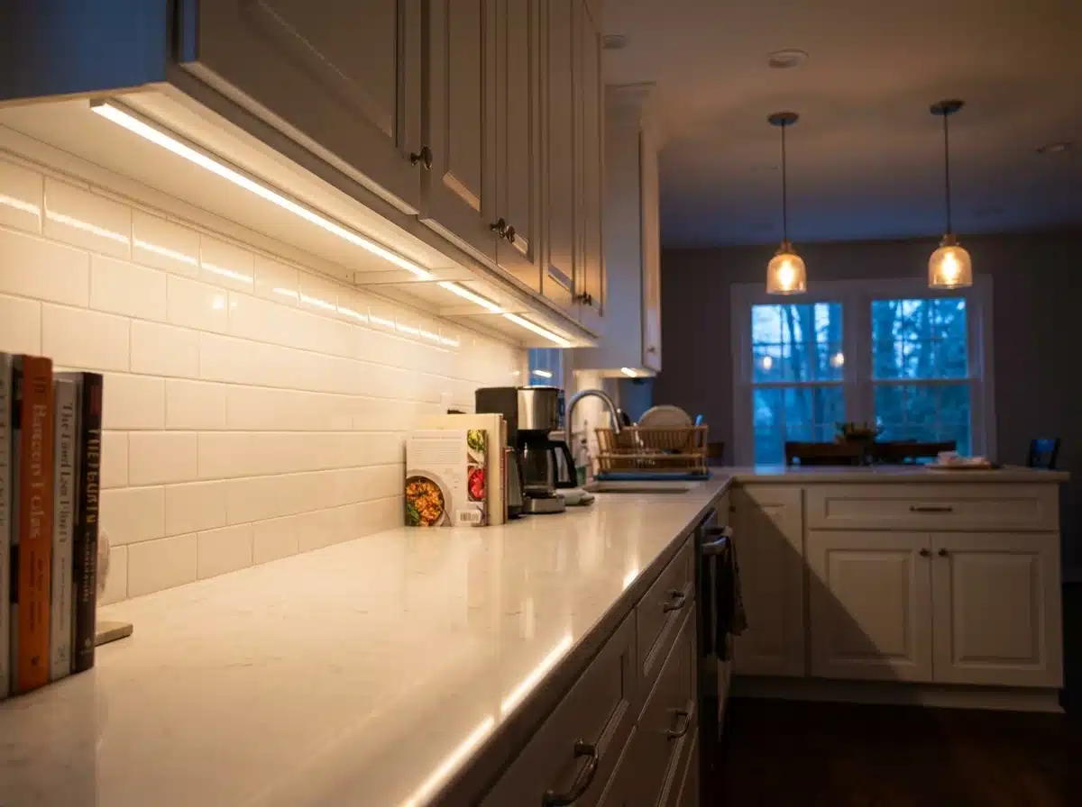 Kitchen with under-cabinet LED strip lighting illuminating a white countertop, pendant lights over an island in the background