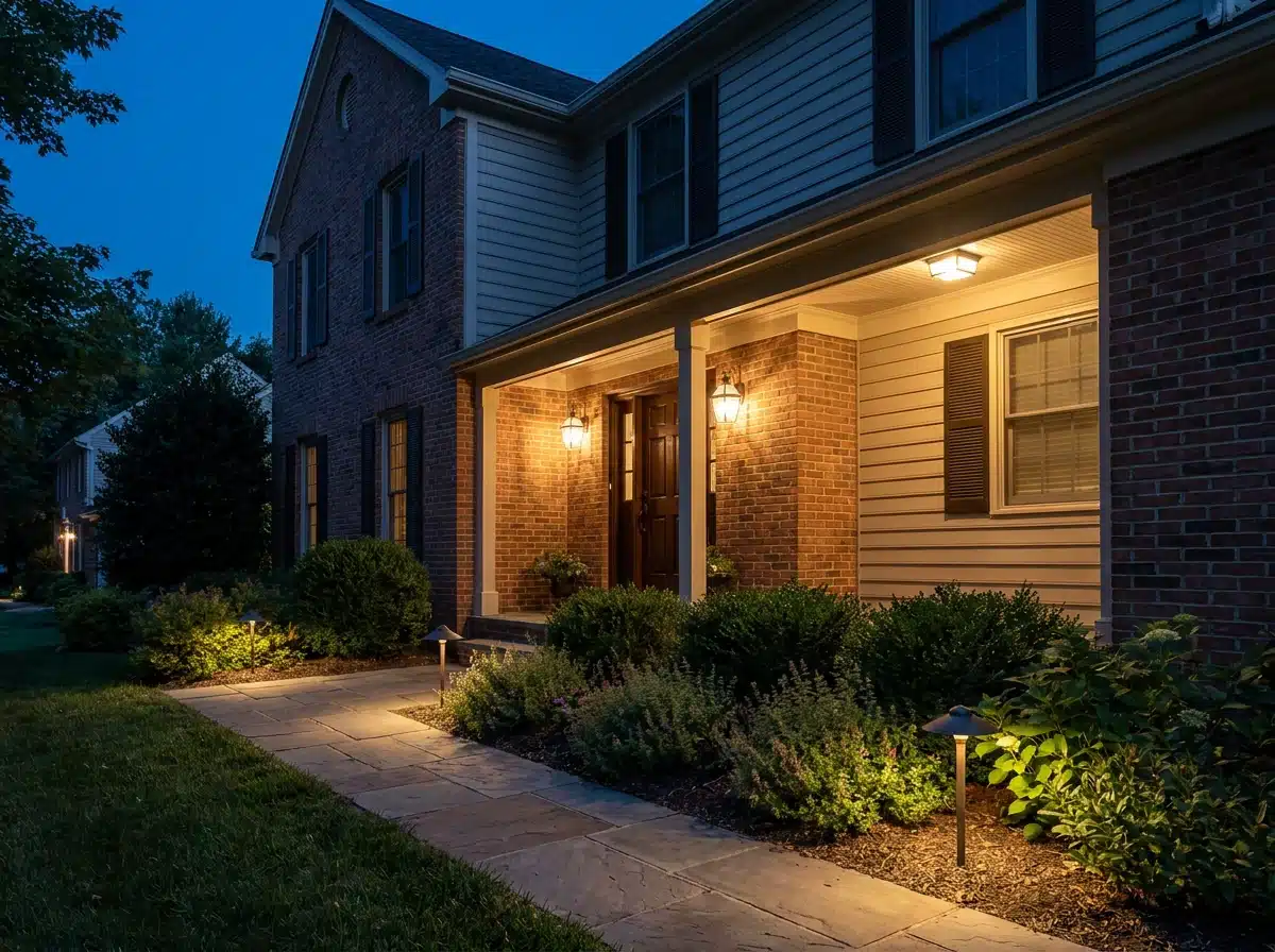 Brick colonial home at dusk with lit wall lanterns flanking the front door and landscape path lights along the walkway