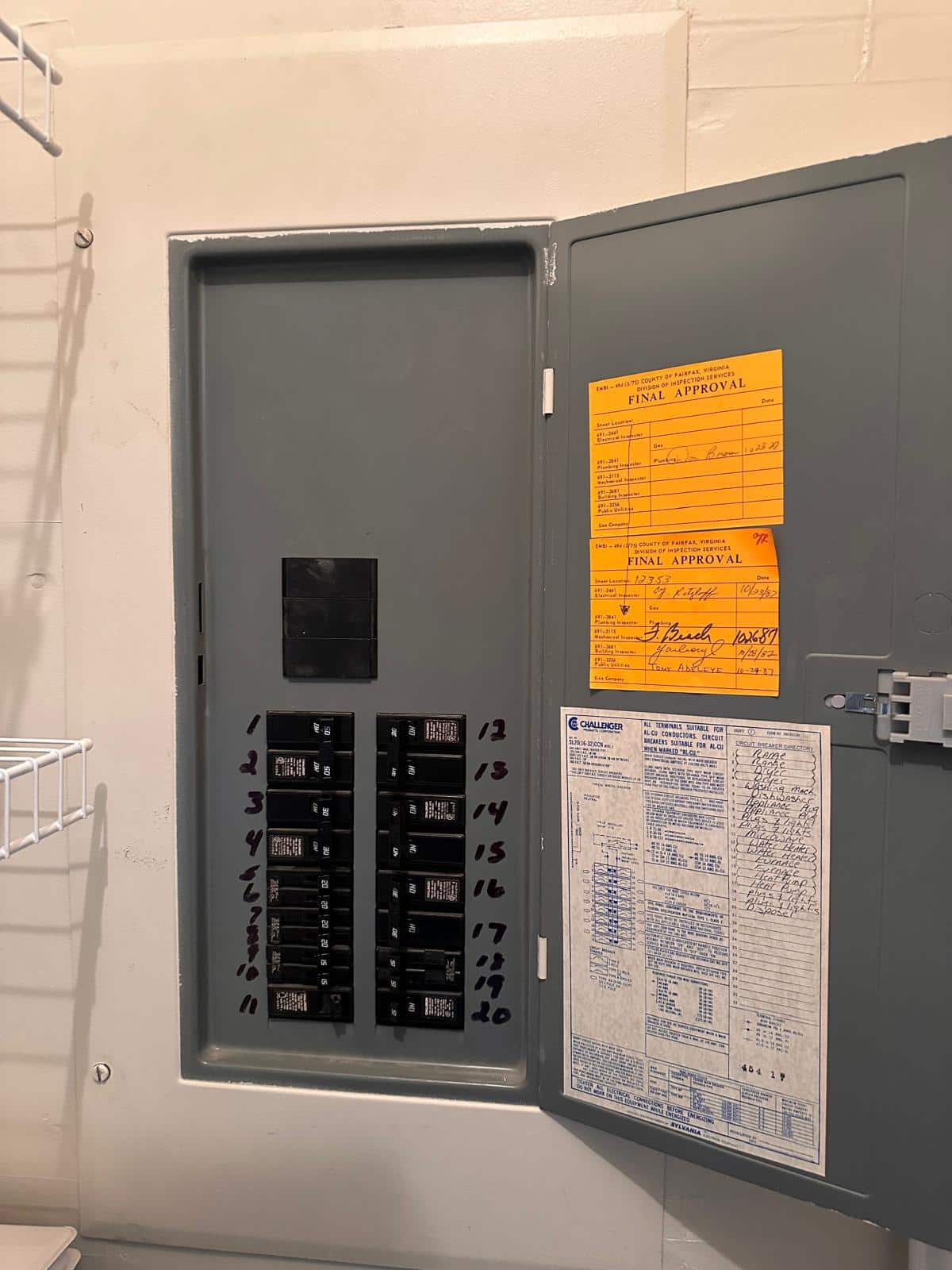 Old Challenger electrical panel with handwritten circuit numbers and 1987 Fairfax County inspection stickers — before upgrade